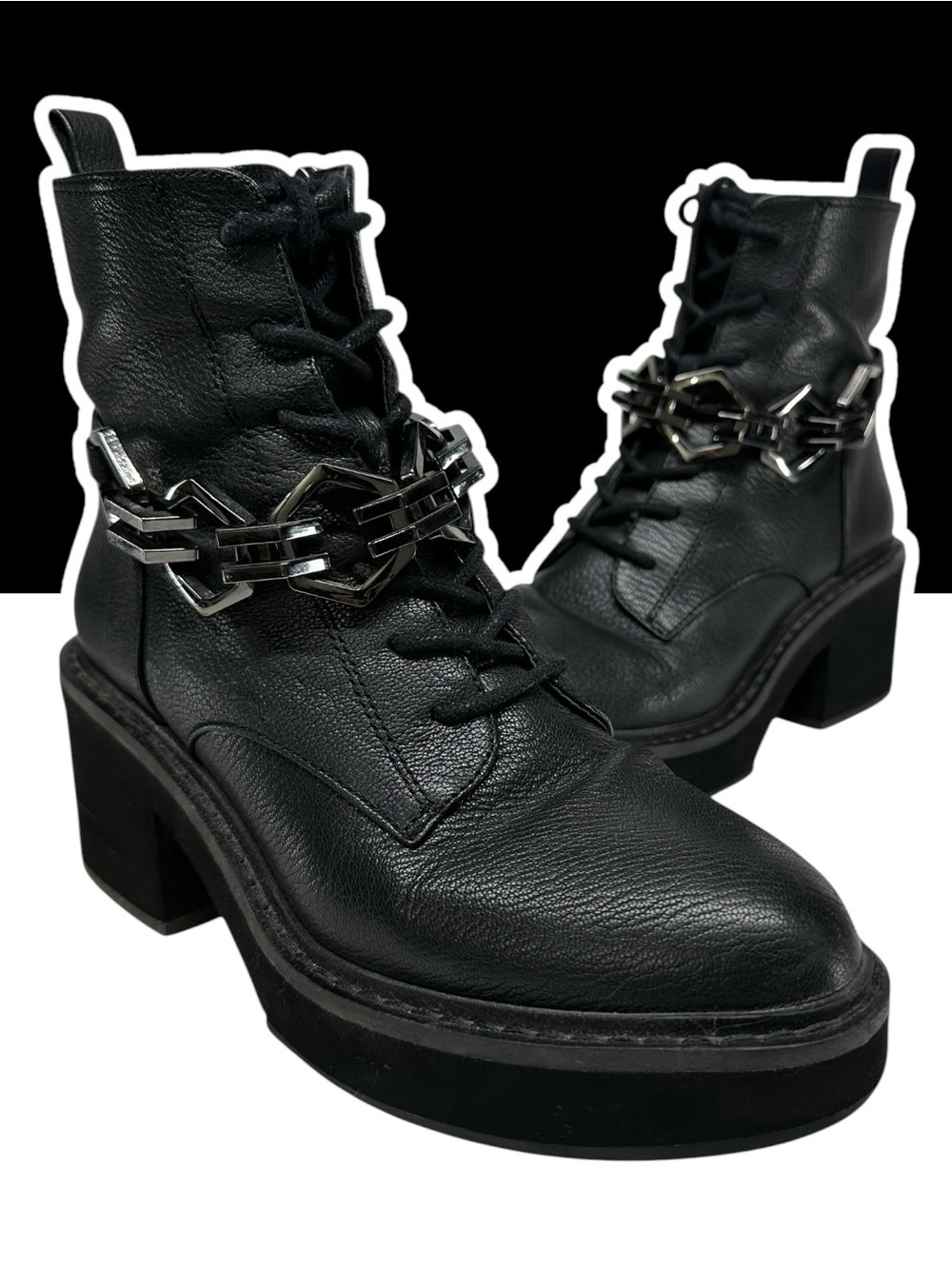 VINCENT CAMUTO / Black Leather Lace Up Boots / Decorative Metal Strap / Size 7